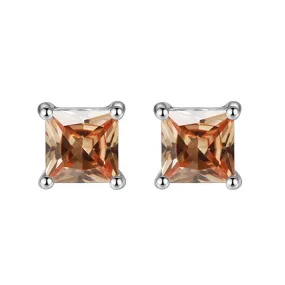 10k White Gold Plated 1 Carat Square Created Champagne Sapphire Stud Earrings