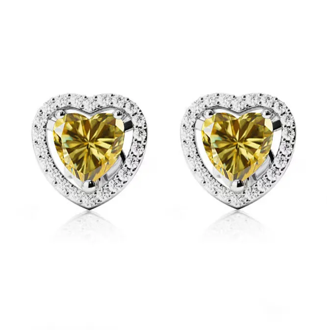 10k White Gold Plated 1 Ct Created Halo Heart Yellow Sapphire Stud Earrings