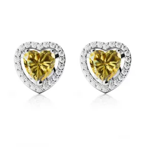 10k White Gold Plated 1 Ct Created Halo Heart Yellow Sapphire Stud Earrings