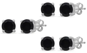 10k White Gold Plated Created Black Sapphire 1/2Ct Round Set of Three Stud Earrings