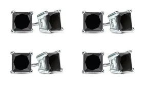 10k White Gold Plated Created Black Sapphire 3Ct Princess Cut Pack of Four Stud Earrings