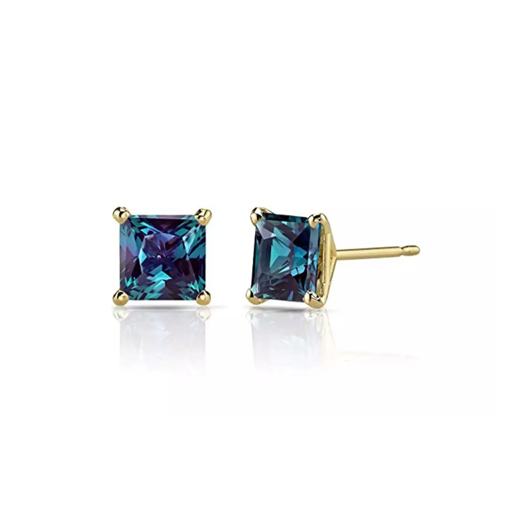 10k Yellow Gold Plated 4 Ct Princess Cut Created Alexandrite Sapphire Stud Earrings