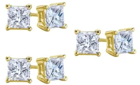 10k Yellow Gold Plated Created White Sapphire 1/2 Carat Square Cut Pack of Three Stud Earrings