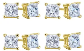 10k Yellow Gold Plated Created White Sapphire 2 Carat Square Cut Pack of Four Stud Earrings