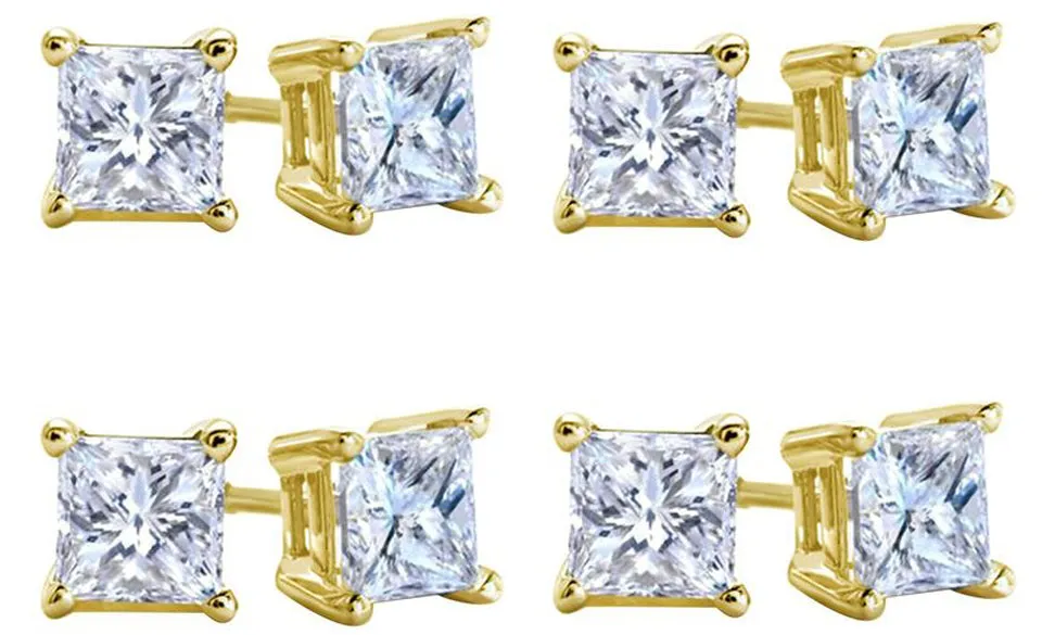 10k Yellow Gold Plated Created White Sapphire 3 Carat Square Cut Pack of Four Stud Earrings