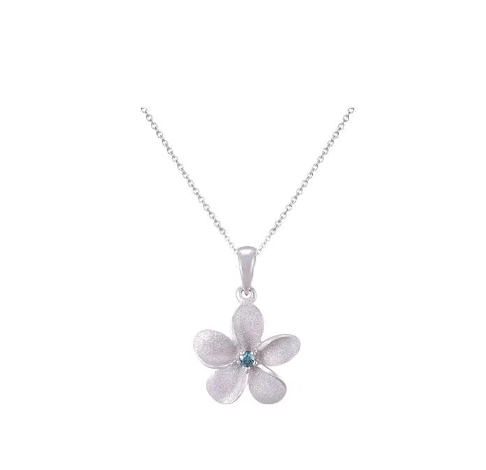 13mm 14k Plumeria Pendant with 0.03 carats blue diamond