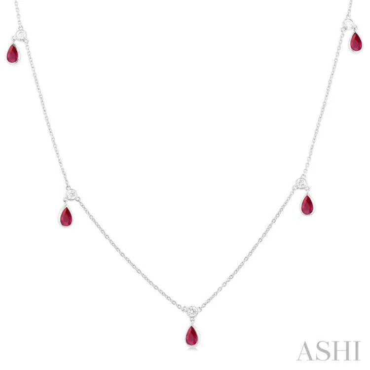 1/4 ctw Round Cut Diamonds and 5X3MM Pear Shape Ruby Precious Station Necklace in 14K White Gold