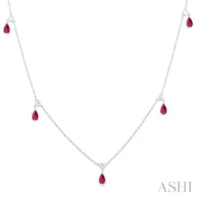 1/4 ctw Round Cut Diamonds and 5X3MM Pear Shape Ruby Precious Station Necklace in 14K White Gold