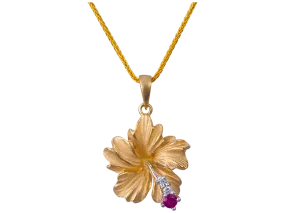 14k 15mm Hibiscus Pendant with 2 Diamonds and Ruby