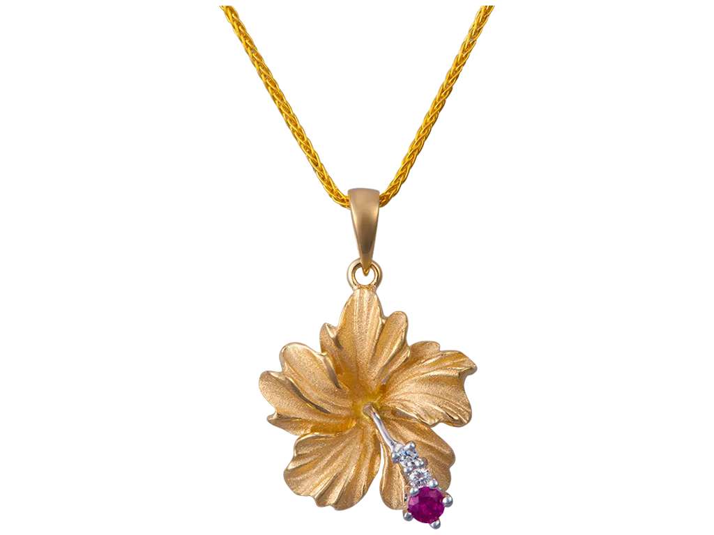 14k 15mm Hibiscus Pendant with 2 Diamonds and Ruby