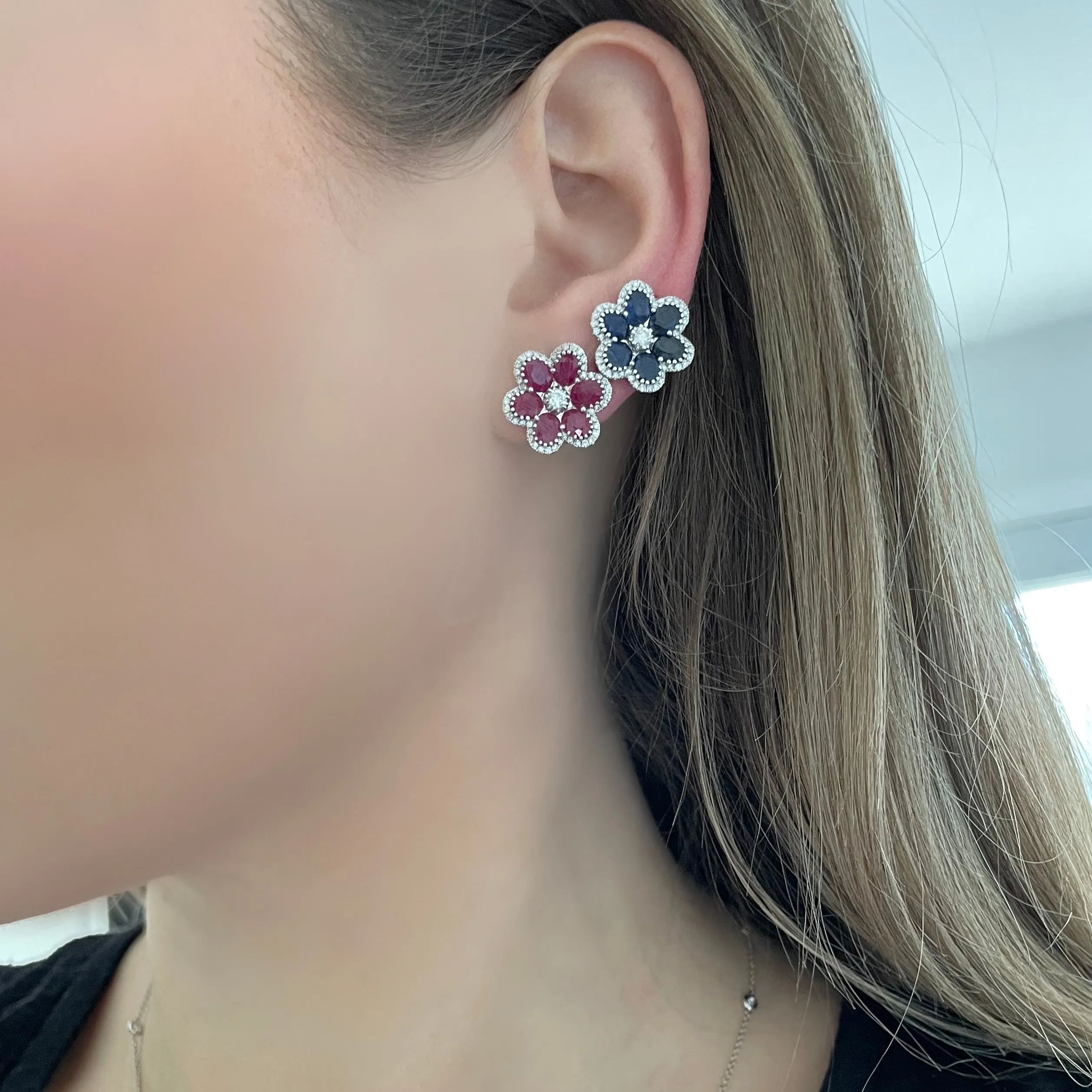 14K GOLD DIAMOND AND SAPPHIRE LARGE CARRIE FLOWER STUDS