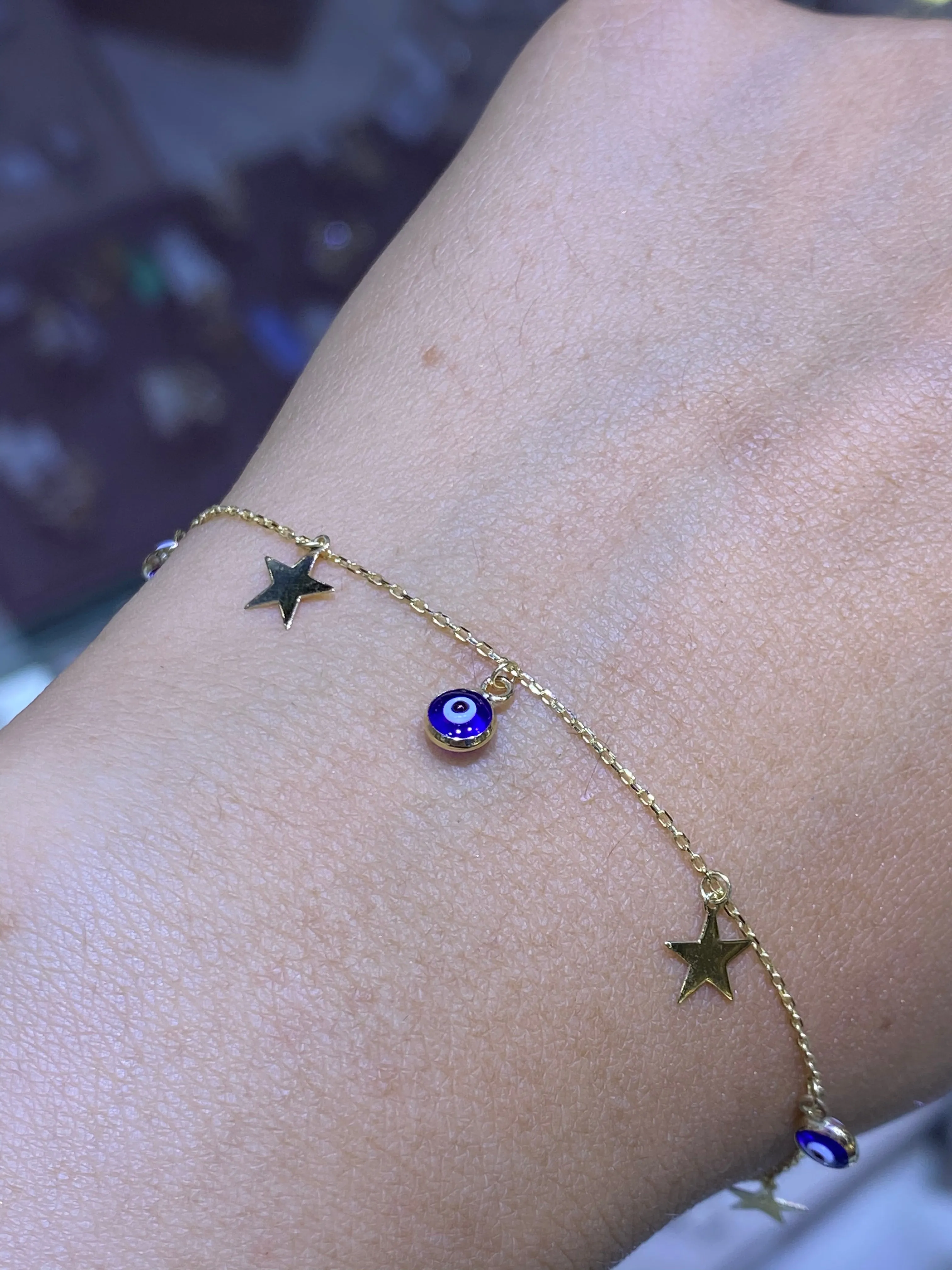 14K Gold Evil Eye and Star Bracelet