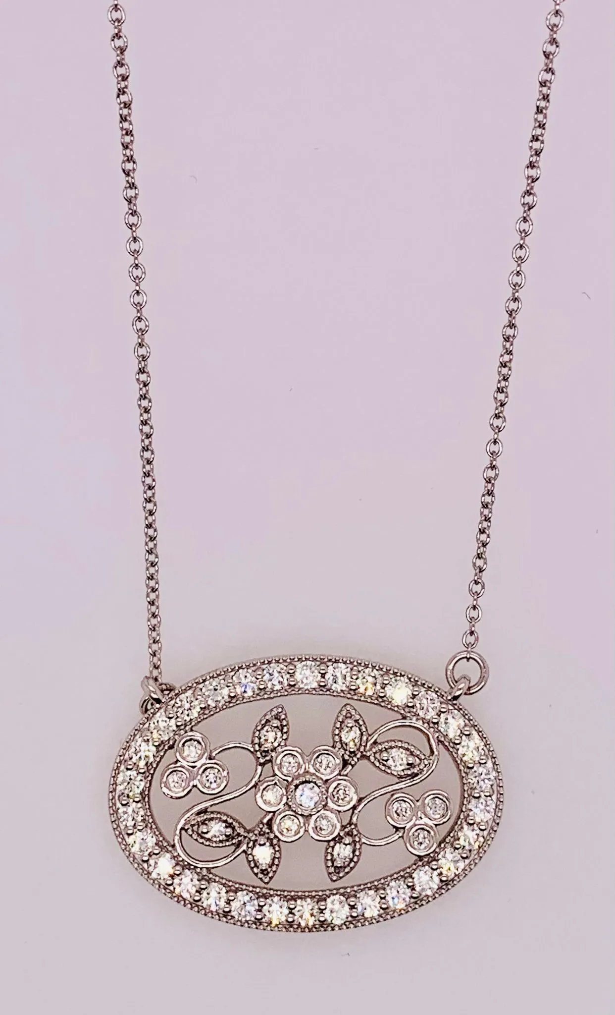 14K Oval Floral Diamond Bar Necklace