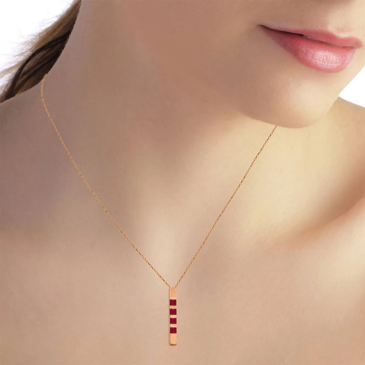 14K Solid Rose Gold Necklace Bar w/ Natural Rubies