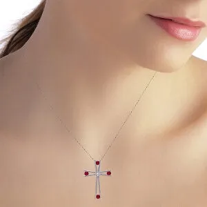 14K Solid White Gold Cross Necklace w/ Natural Diamond & Rubies
