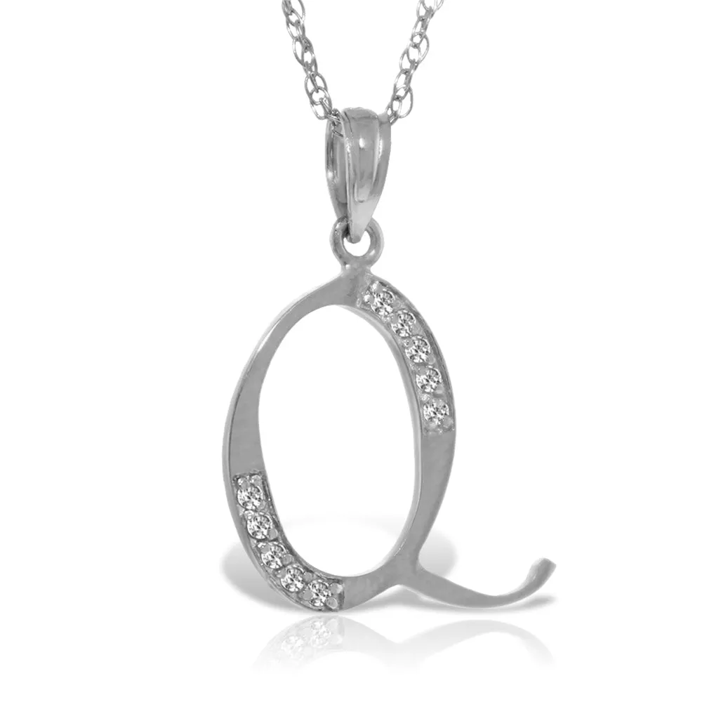 14K Solid White Gold Necklace w/ Natural Diamonds Initial 'q' Pendant