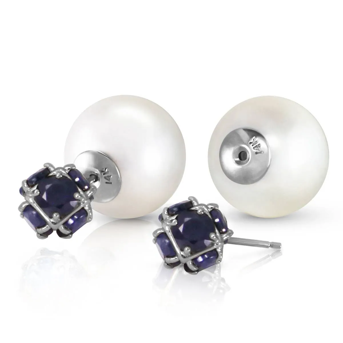 14K Solid White Gold Tribal Double Shell Pearls And Sapphires Stud Earrings