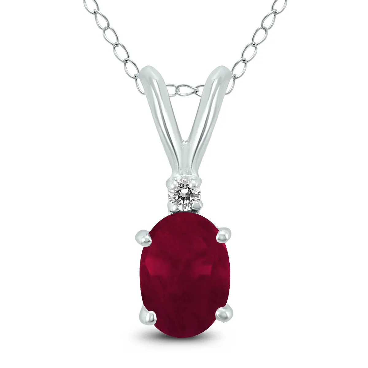 14K White Gold 5X3Mm Oval Ruby And Diamond Pendant