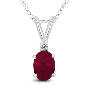 14K White Gold 5X3Mm Oval Ruby And Diamond Pendant