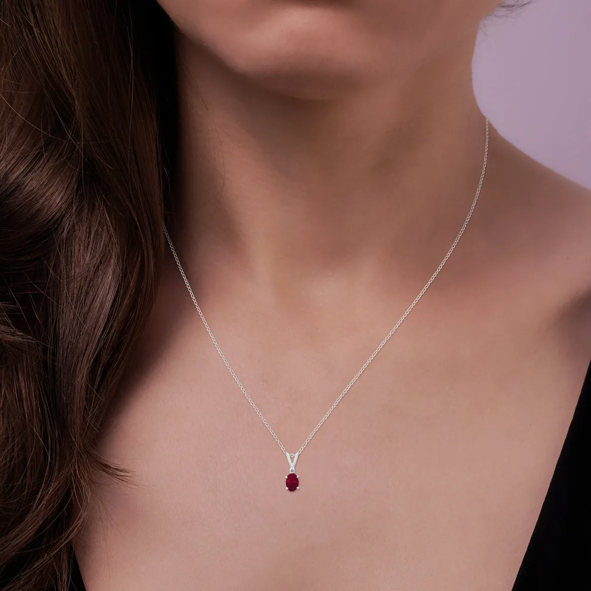 14K White Gold 5X3Mm Oval Ruby And Diamond Pendant