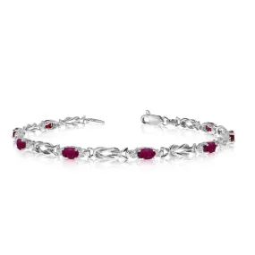 14K White Gold Oval Ruby Stones And Diamonds Tennis Bracelet, 7"
