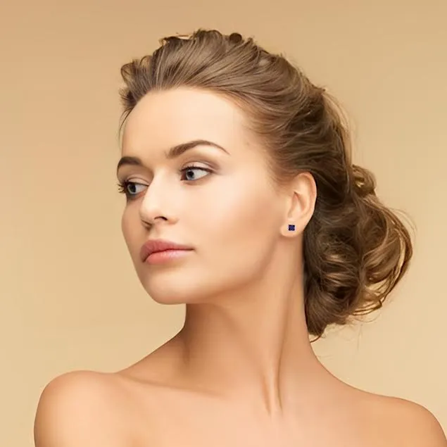 14k White Gold Plated 1 Carat Princess Cut Created Blue Sapphire Stud Earrings