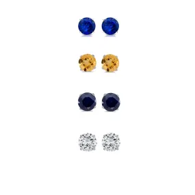 14k White Gold Plated 1/2Ct Created Blue Sapphire, Citrine, Black Sapphire and White Sapphire 4 Pair Round Stud Earrings