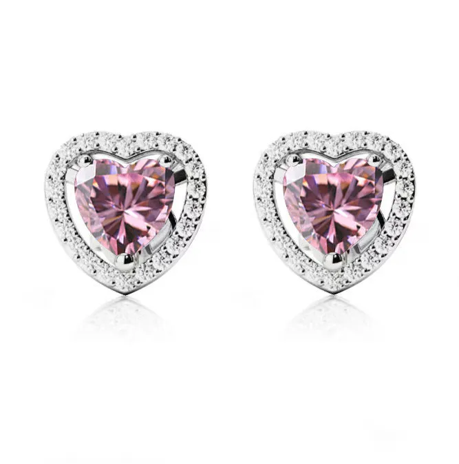 14k White Gold Plated 3 Ct Created Halo Heart Pink Sapphire Stud Earrings