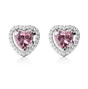 14k White Gold Plated 3 Ct Created Halo Heart Pink Sapphire Stud Earrings