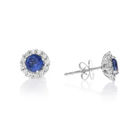 14k White Gold Plated 3 Ct Round Created Blue Sapphire Halo Stud Earrings