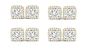 14k Yellow Gold 1/2Ct Cushion Cut White Sapphire Set Of Four Halo Stud Earrings Plated