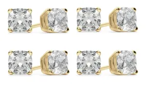 14k Yellow Gold 4mm 1Ct Cushion Cut White Sapphire Set Of Four Stud Earrings Plated