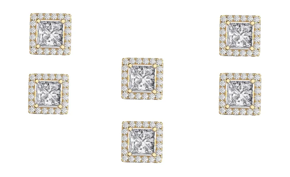 14k Yellow Gold Plated 3Ct Square Cut White Sapphire Set of Three Halo Stud Earrings