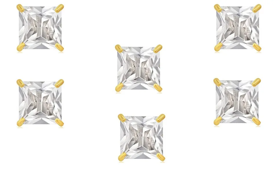 14k Yellow Gold Plated 3Ct Square Cut White Sapphire Set Of Three Stud Earrings
