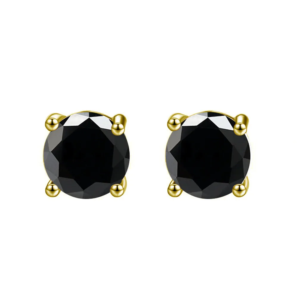14k Yellow Gold Plated 4 Carat Round Created Black Sapphire Stud Earrings