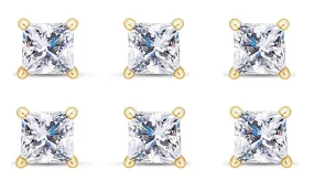14k Yellow Gold Plated 4Ct Princess Cut White Sapphire Set Of Three Stud Earrings