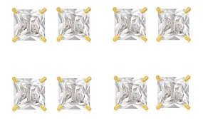 14k Yellow Gold Plated 4mm 1/2Ct Square Cut White Sapphire Set Of Four Stud Earrings