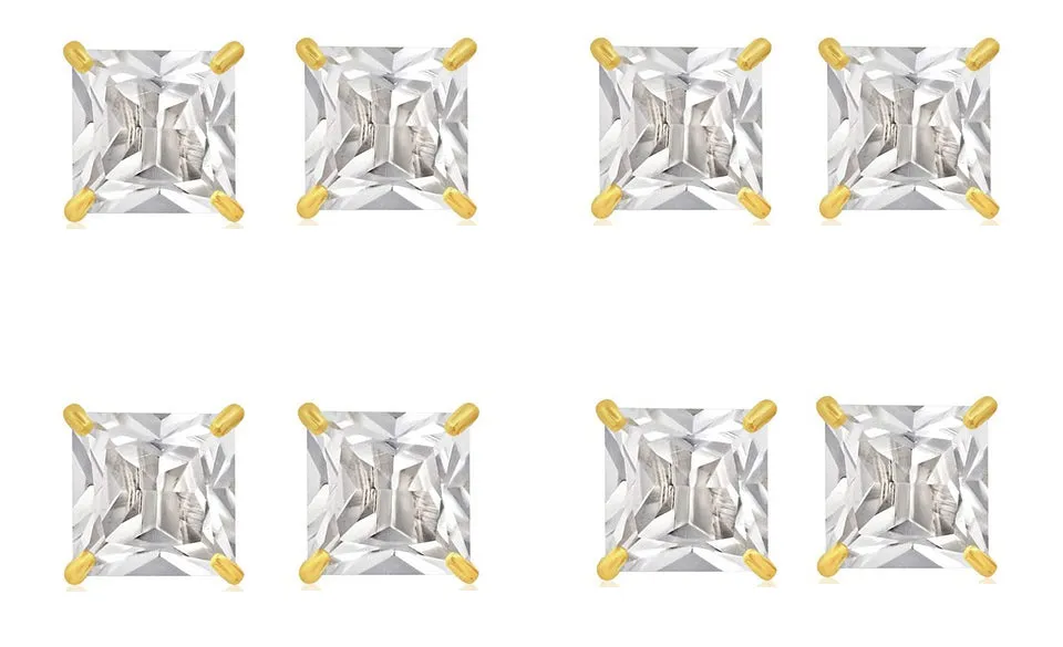 14k Yellow Gold Plated 4mm 1/2Ct Square Cut White Sapphire Set Of Four Stud Earrings