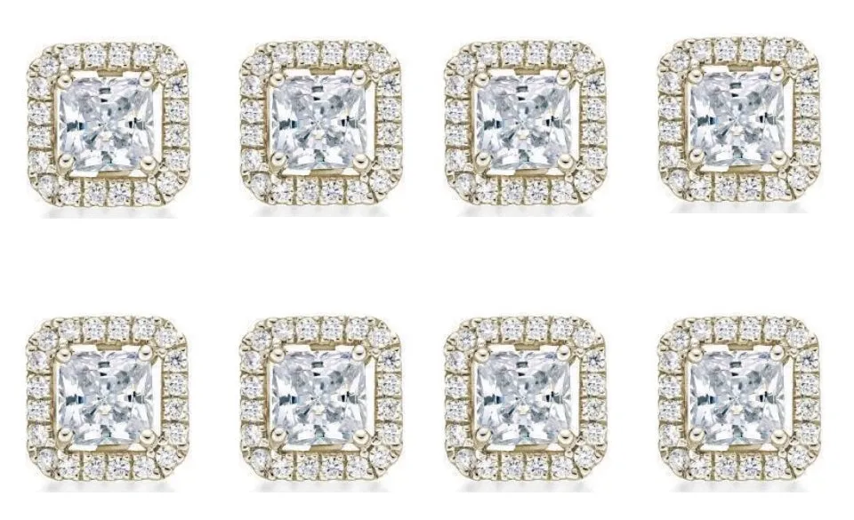 14k Yellow Gold Plated 4mm 1Ct Princess Cut White Sapphire Set of Four Halo Stud Earrings