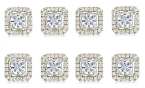 14k Yellow Gold Plated 4mm 1Ct Princess Cut White Sapphire Set of Four Halo Stud Earrings