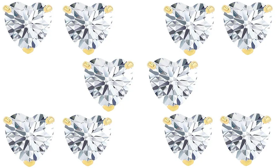 14k Yellow Gold Plated 4mm 2Ct Heart White Sapphire Set Of Five Stud Earrings
