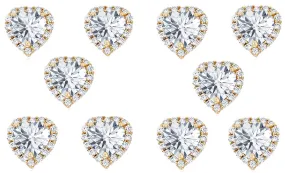 14k Yellow Gold Plated 4mm 3Ct Heart White Sapphire Set of Five Halo Stud Earrings