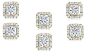 14k Yellow Gold Plated 4mm 4Ct Princess Cut White Sapphire Set of Three Halo Stud Earrings