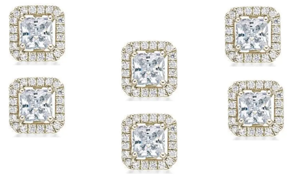 14k Yellow Gold Plated 4mm 4Ct Princess Cut White Sapphire Set of Three Halo Stud Earrings
