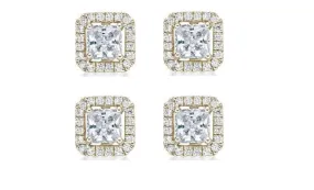 14k Yellow Gold Plated 6mm 2Ct Princess Cut White Sapphire Set of Two Halo Stud Earrings