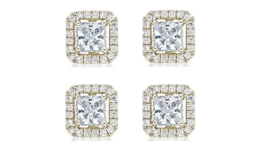14k Yellow Gold Plated 6mm 2Ct Princess Cut White Sapphire Set of Two Halo Stud Earrings