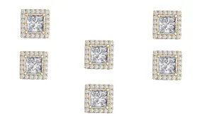 14k Yellow Gold Plated 6mm 2Ct Square Cut White Sapphire Set of Three Halo Stud Earrings