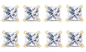 14k Yellow Gold Plated 6mm 3Ct Princess Cut White Sapphire Set Of Four Stud Earrings