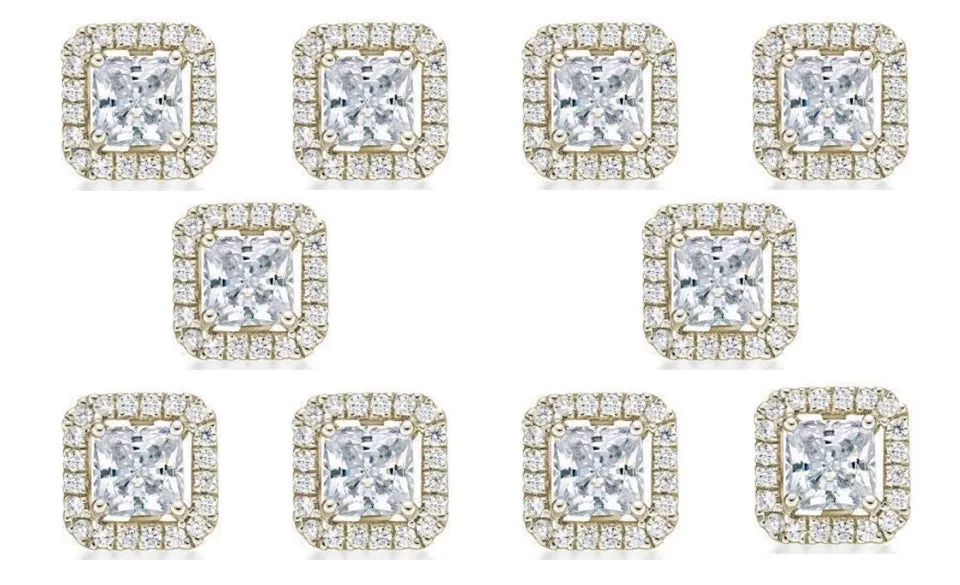 14k Yellow Gold Plated 6mm 4Ct Princess Cut White Sapphire Set of Five Halo Stud Earrings