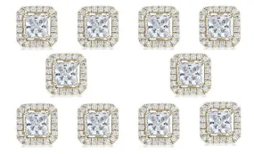 14k Yellow Gold Plated 6mm 4Ct Princess Cut White Sapphire Set of Five Halo Stud Earrings